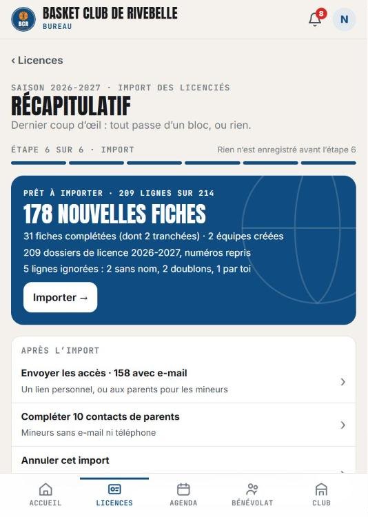 Import des licenciés : récapitulatif avant l’import