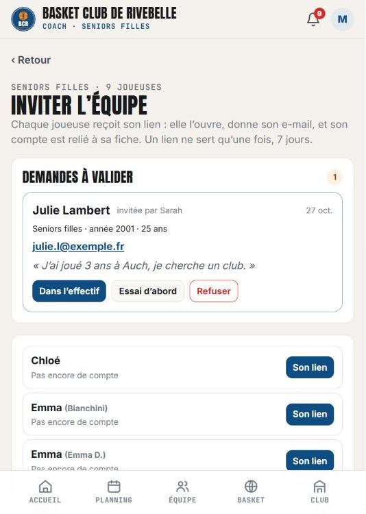 Inviter l’équipe : un lien par joueuse, demandes à valider
