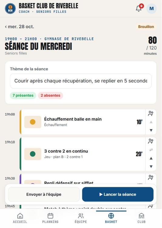 Séance du mercredi : exercices minutés, envoyer à l’équipe